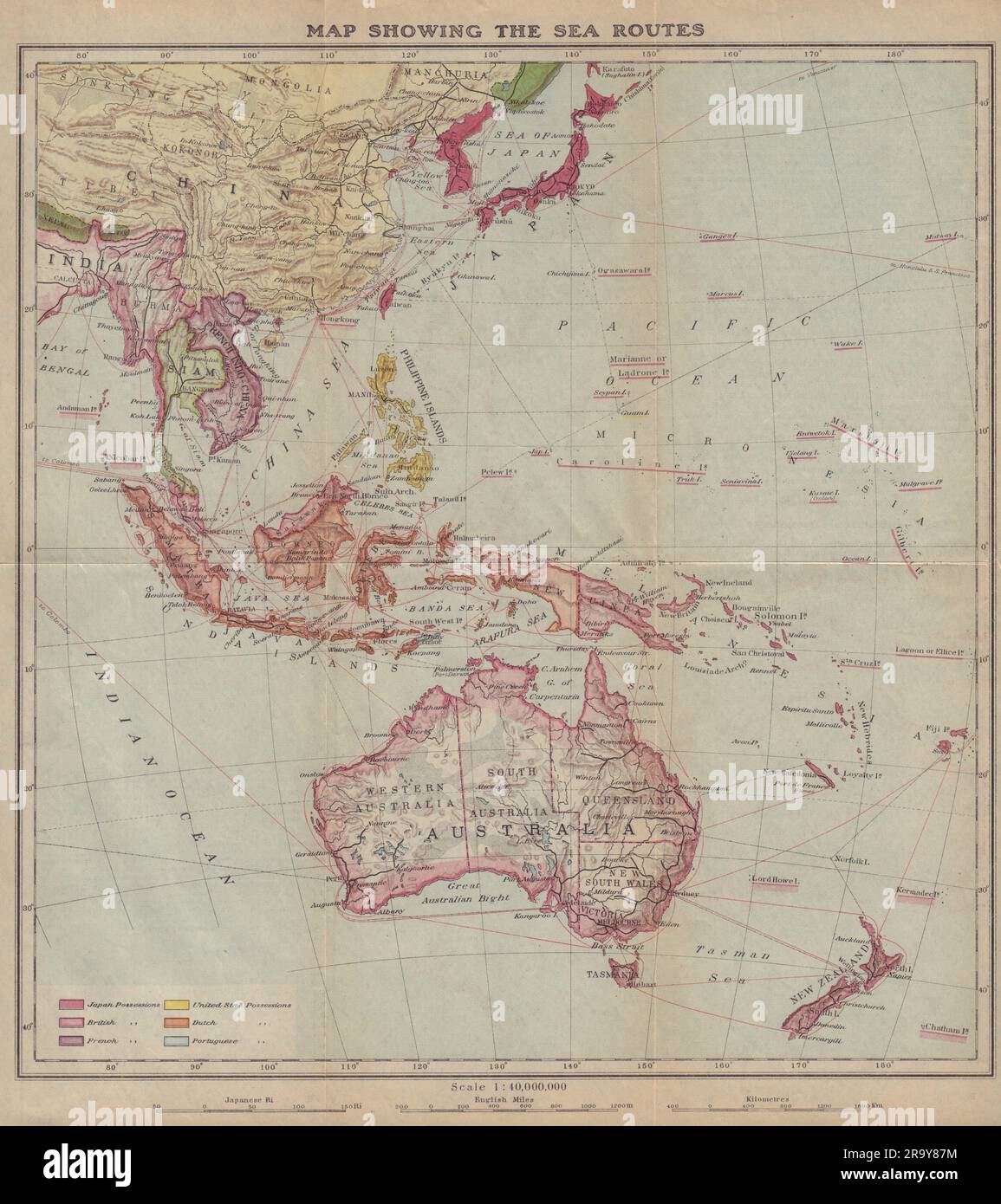 East Asia, East Indies & Australasia sea & shipping routes 1917 old map Stock Photo