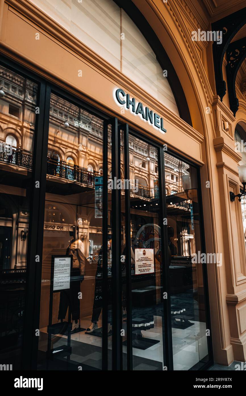 Classy aesthetic Chanel boutique entrance. Chanel is a fashion house founded in 1909 specialized in haute couture goods. Stock Photo