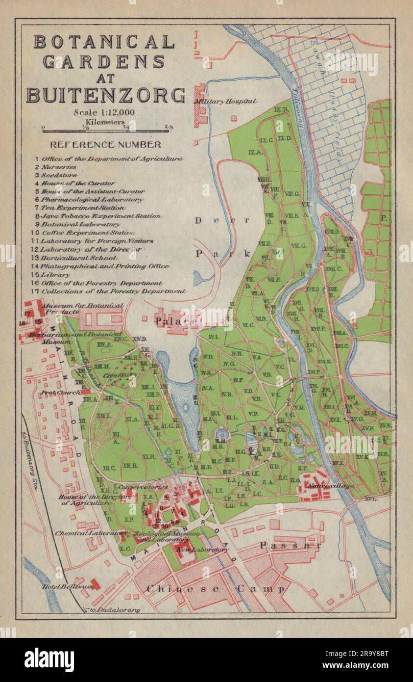 Bogor, West Java. 'Botanical Gardens at Buitenzorg'. Indonesia 1917 old map Stock Photo