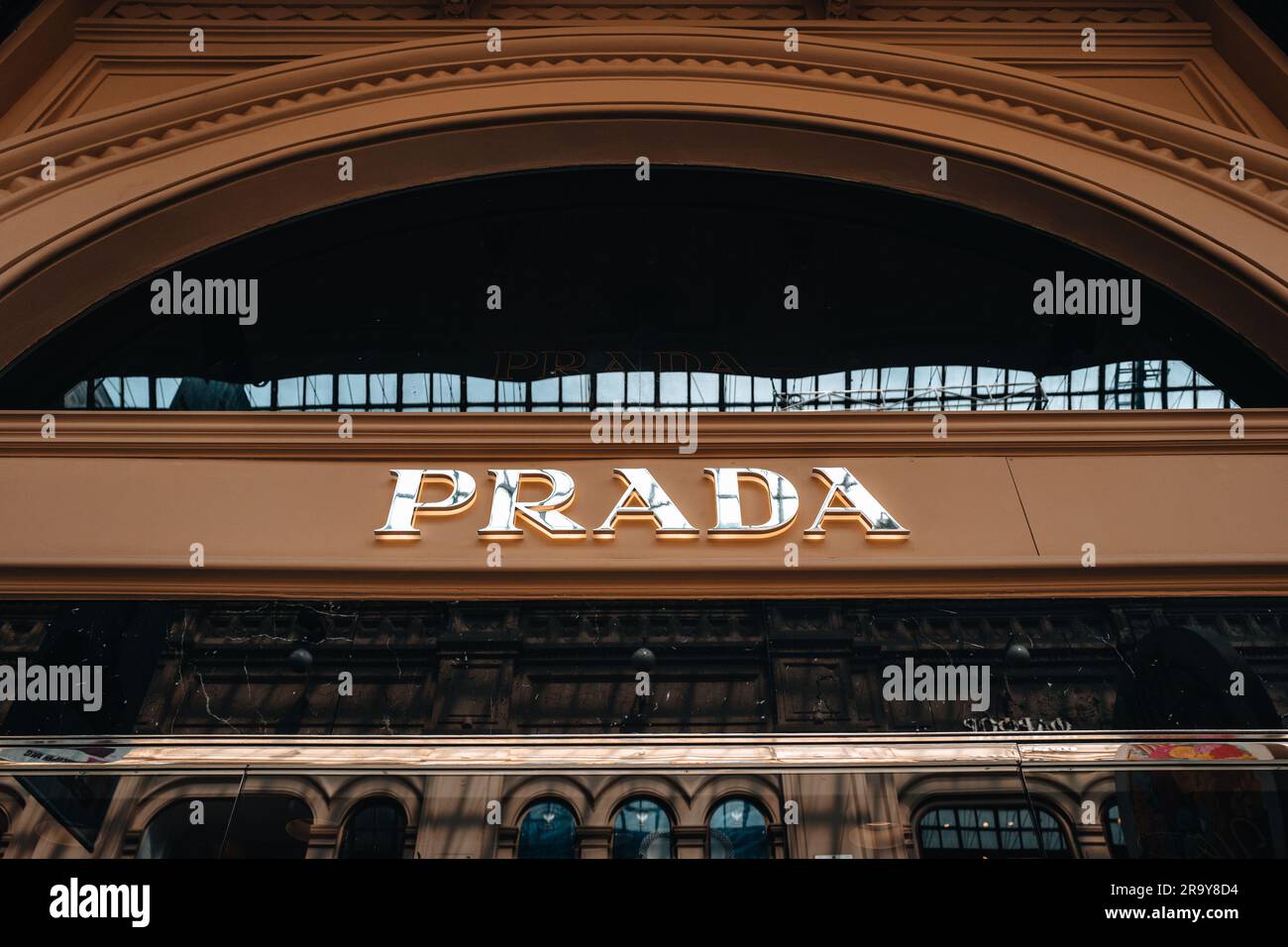 Brown classy facade of Prada boutique. Prada is an Italian fashion label specializing in luxury goods for men and women. Stock Photo