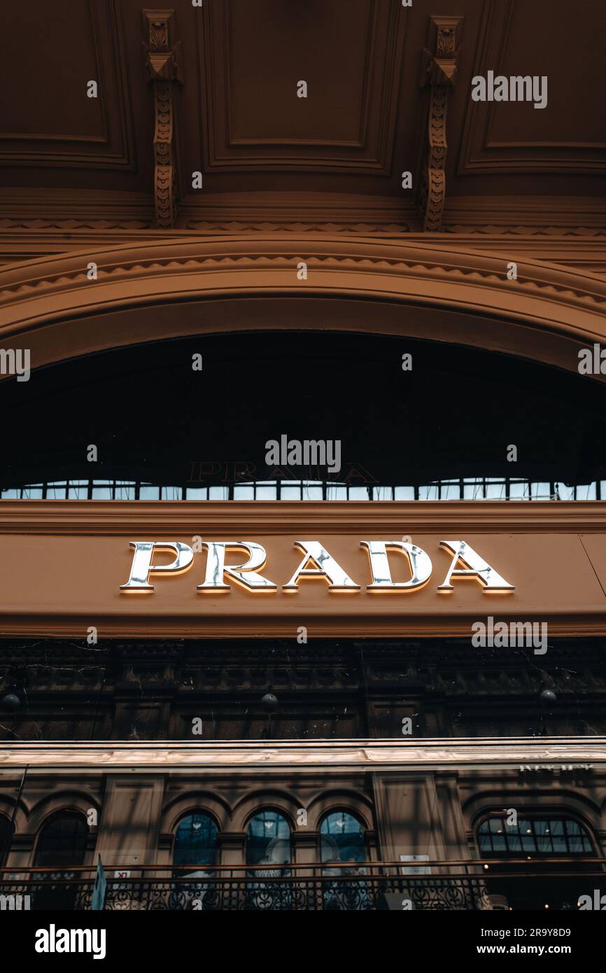 Brown classy facade of Prada boutique. Prada is an Italian fashion label specializing in luxury goods for men and women. Stock Photo