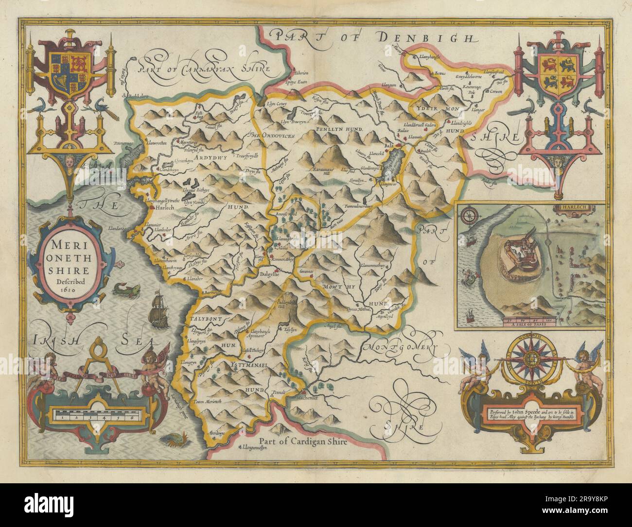 Merioneth Shire Described county map by John Speed. George Humble edition 1627 Stock Photo