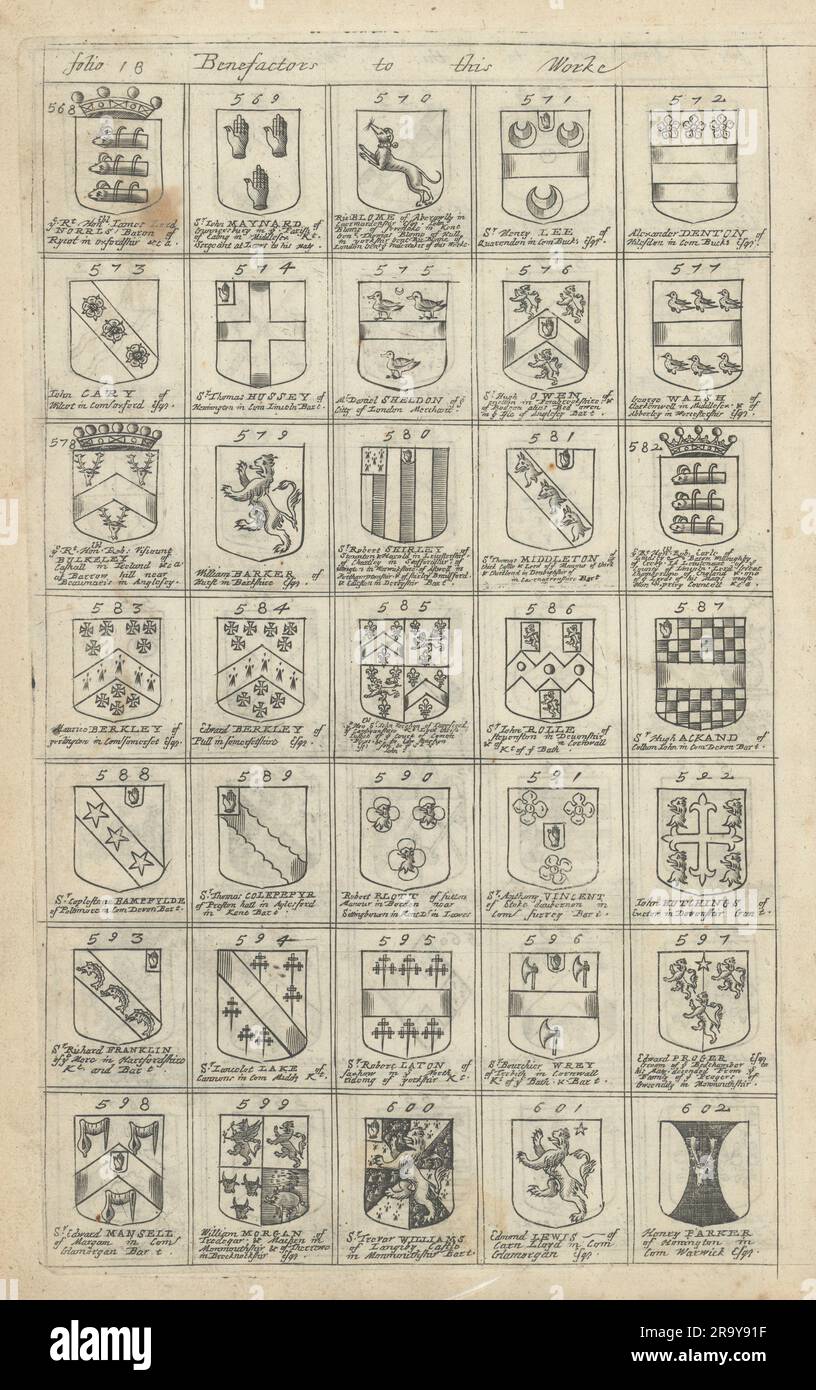 Family coats of arms of benefactors to Blome's Britannia. Folio 18 #568-602 1673 Stock Photo