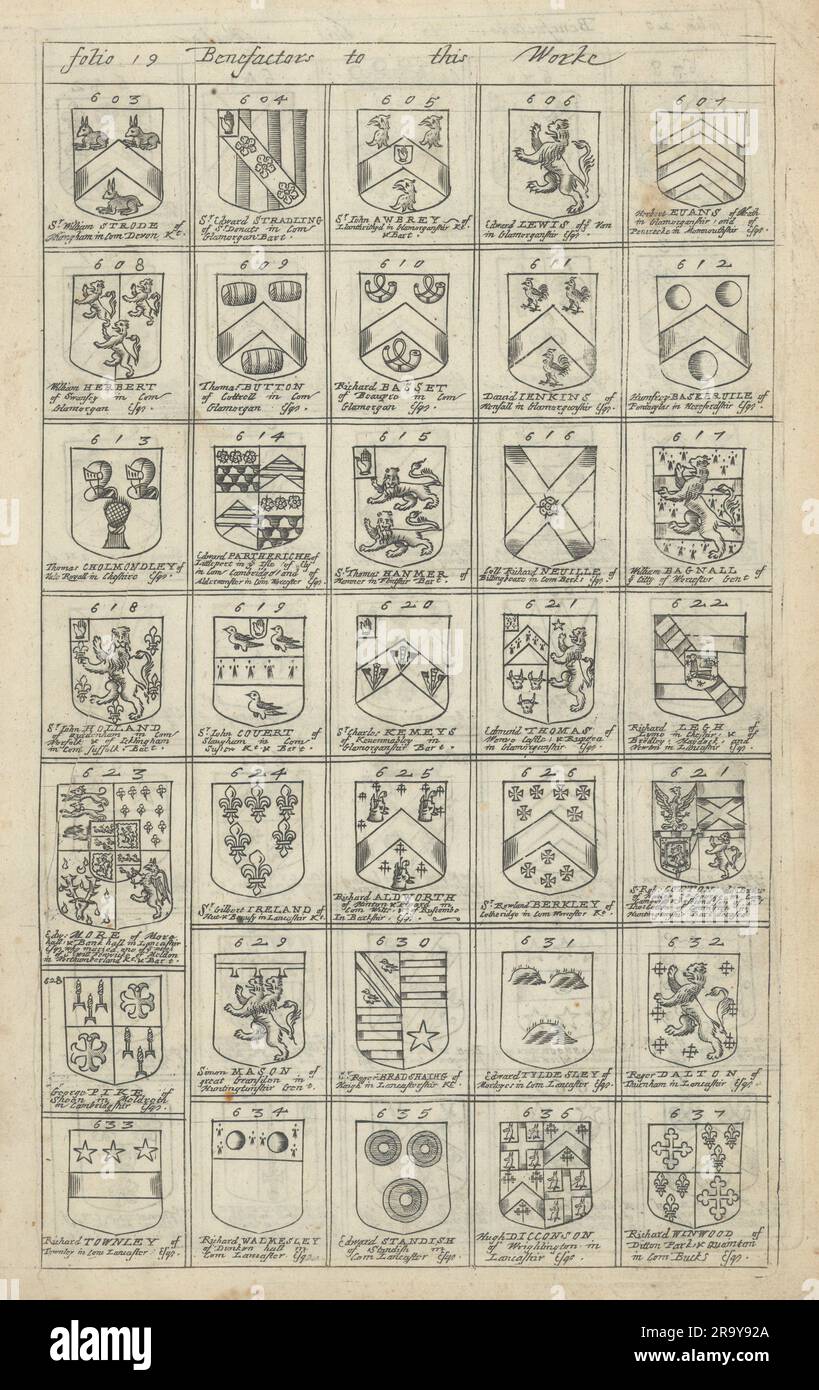 Family coats of arms of benefactors to Blome's Britannia. Folio 19 #603-637 1673 Stock Photo