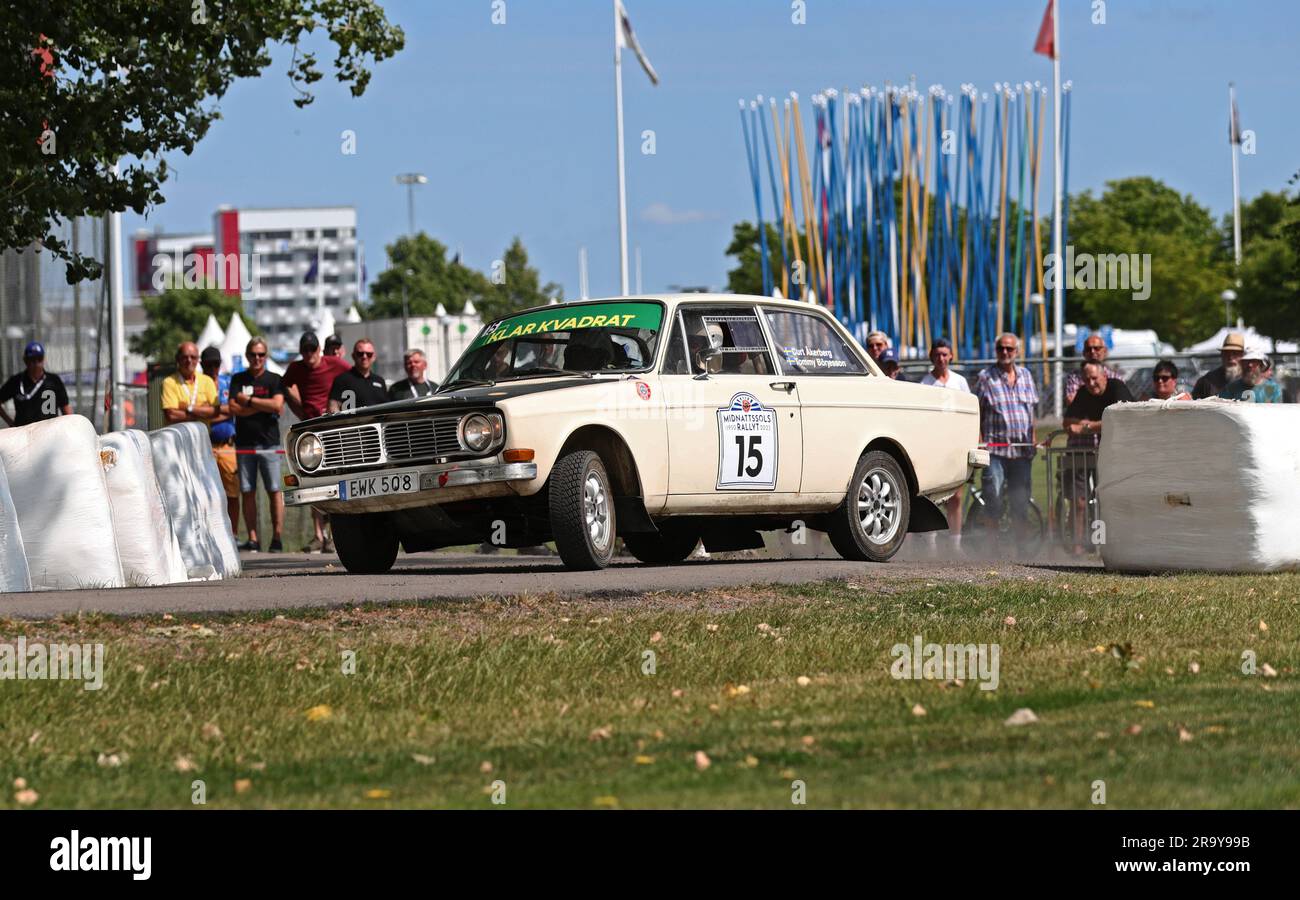 No 15 Curt Åkerberg, Flens MS, Volvo 142, during the KAK Midnattssolsrallyt (In english: Midnight Sun Rally) in Linköping, Sweden, on Thursday. The rally competition is one of Northern Europe's largest historic rally competitions. 120 participants will compete in the rally that runs on roads in Finspång, Kisa and Motala from Thursday to Saturday. Stock Photo