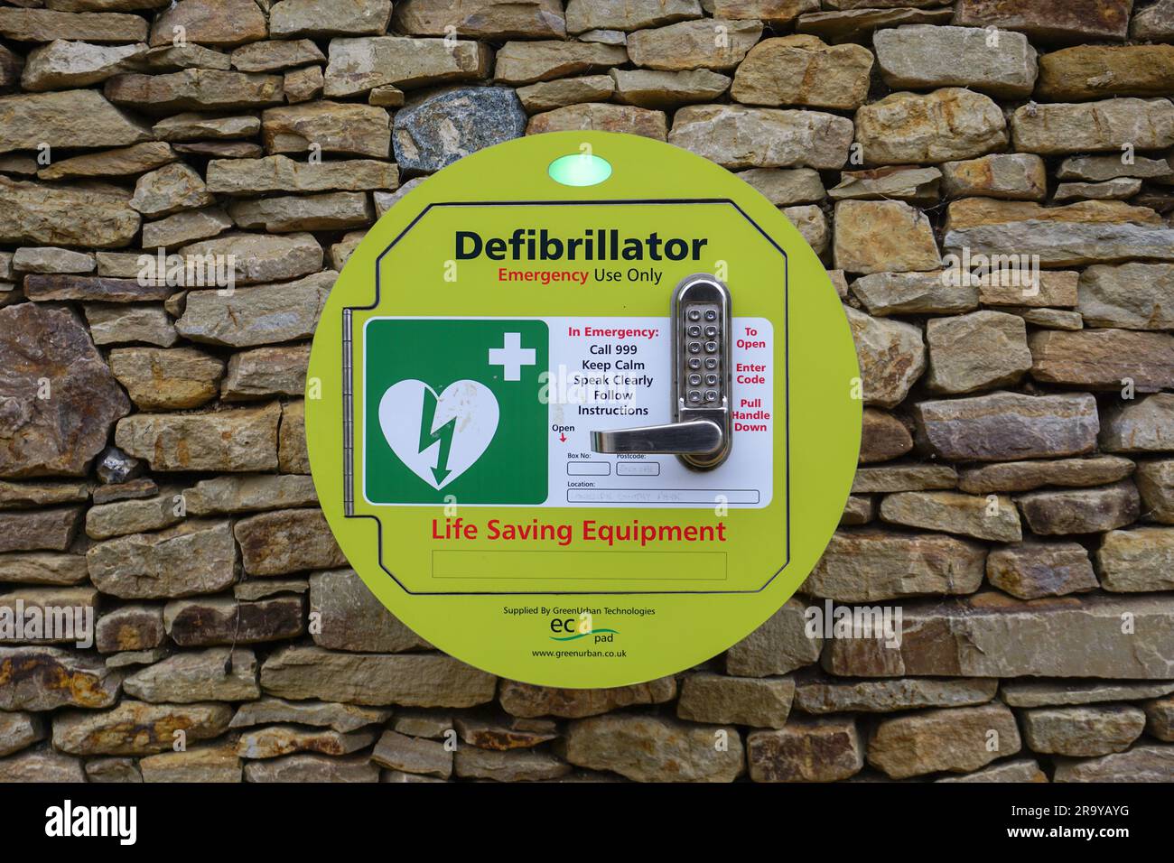 Eastleigh England 24 January 2023 - A Defibrillator for emergency public use at park. Life saving medical equipment Stock Photo