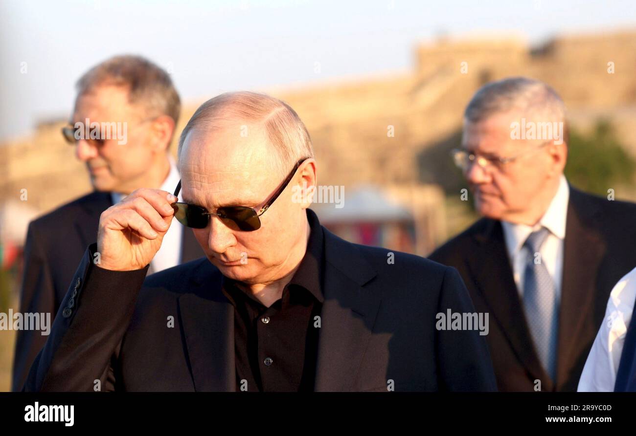 Derbent, Russia. 28th June, 2023. Russian President Vladimir Putin tours the archaeological complex of the Naryn-Kala citadel, during a working trip to Dagestan, June 28, 2023 in Derbent, Republic of Dagestan. The UNESCO Heritage site was built in the 6th century by Persian ruler Khosrov I from the Sasanian dynasty. Credit: Gavriil Grigorov/Kremlin Pool/Alamy Live News Stock Photo