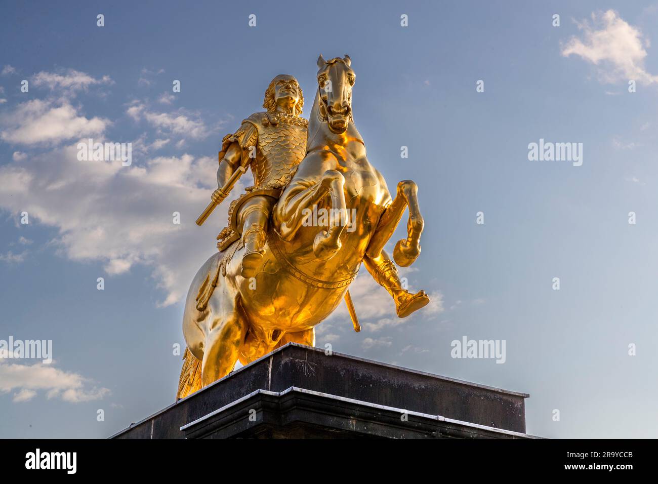 Golden Horseman, August the Strong on horseback, King of Poland, Grand Duke of Lithuania, Elector of Saxony (1670-1733), the statue made of real gold leaf is repeatedly subjected to vandalism attacks. The golden rider is an equestrian statue on the Neustädter Markt in Dresden, Germany. The depicted Saxon Elector and Polish King August the Strong also adorns the Dresden Christmas Stollen as a seal of quality Stock Photo