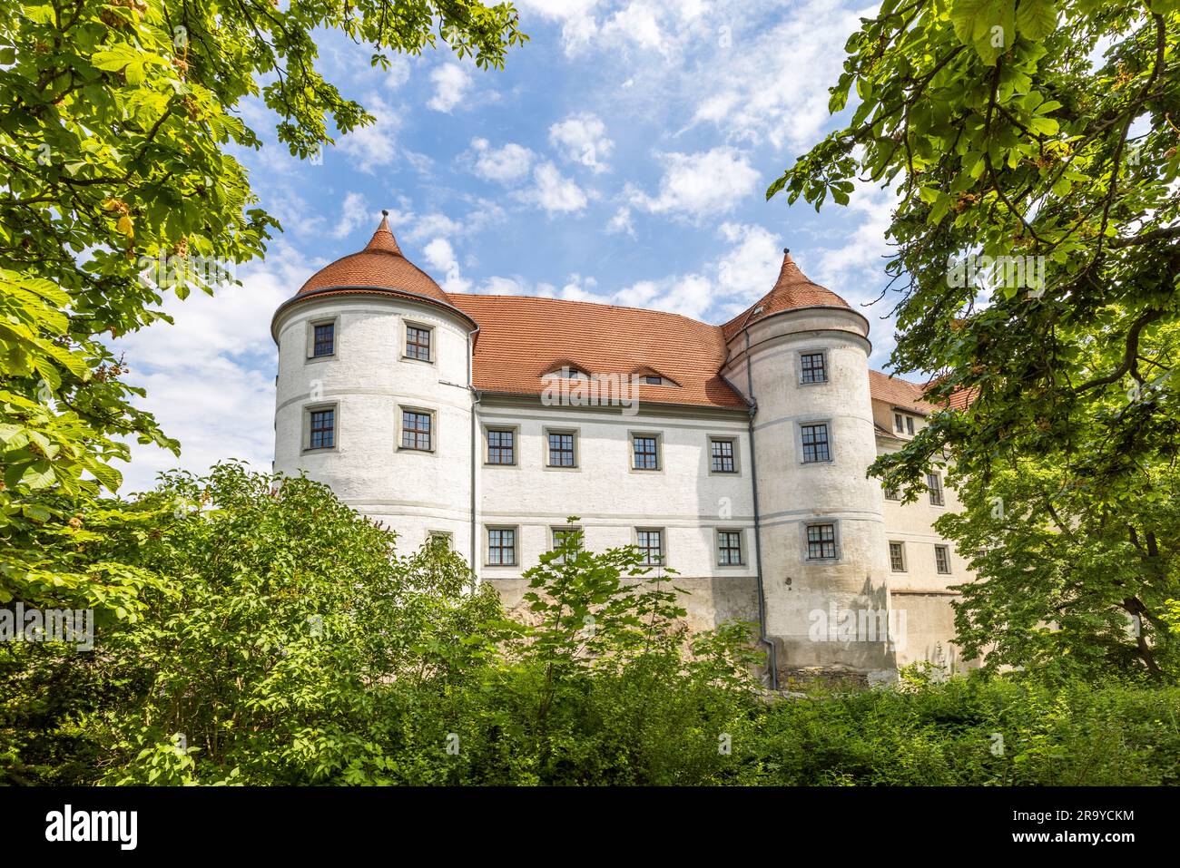 Nossen Castle, Germany. Nossen Castle near Dresden. Motif by Caspar David Friedrich Nossen Castle with village and three-arched bridge, 1799, today Kupferstichkabinett Berlin Stock Photo