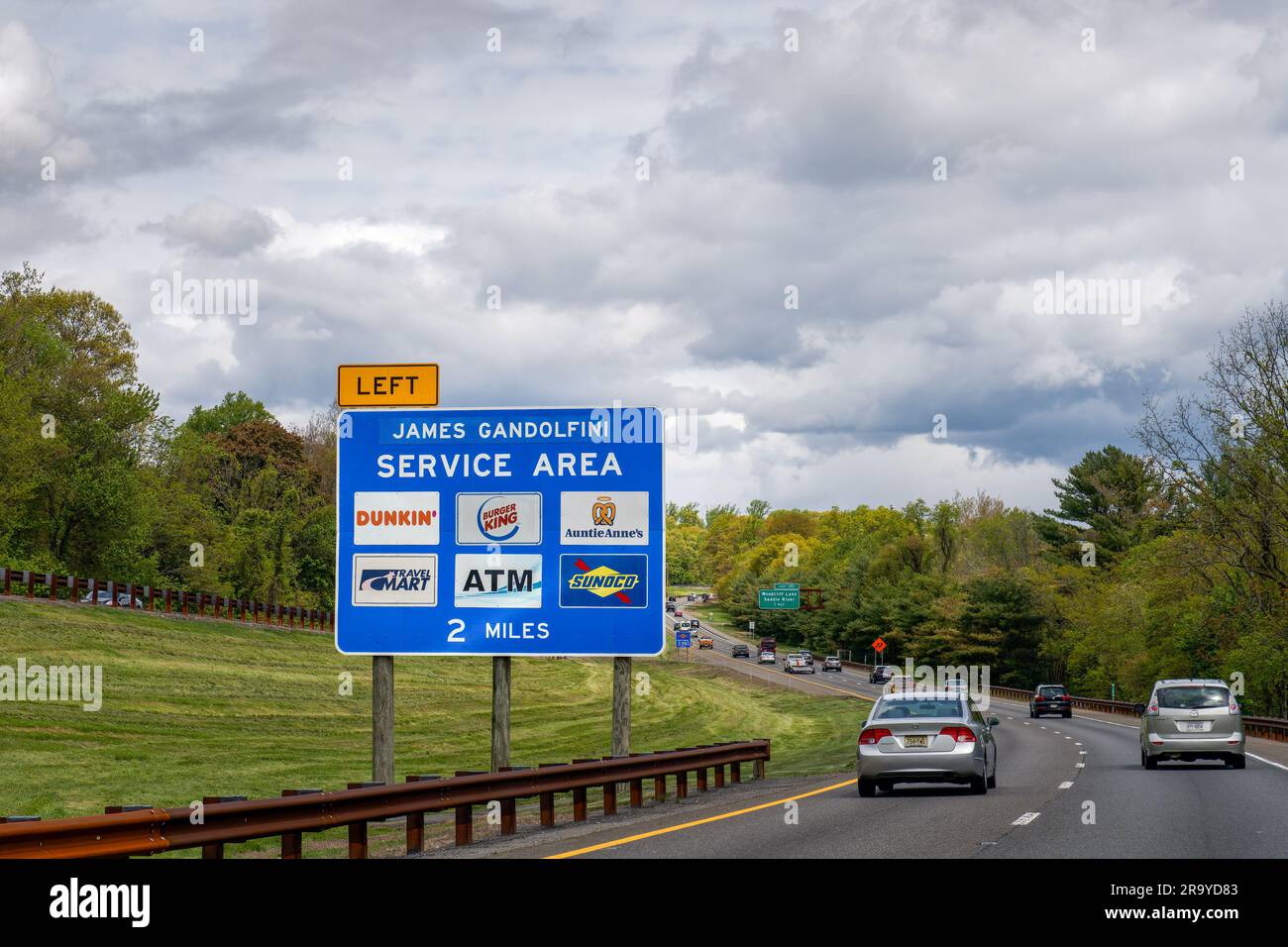 Woodcliff Lake, NJ - May 3, 2023: The Garden State Parkway rest stop formerly known as Montvale, has been renamed the James Gandolfini Service Area. Stock Photo