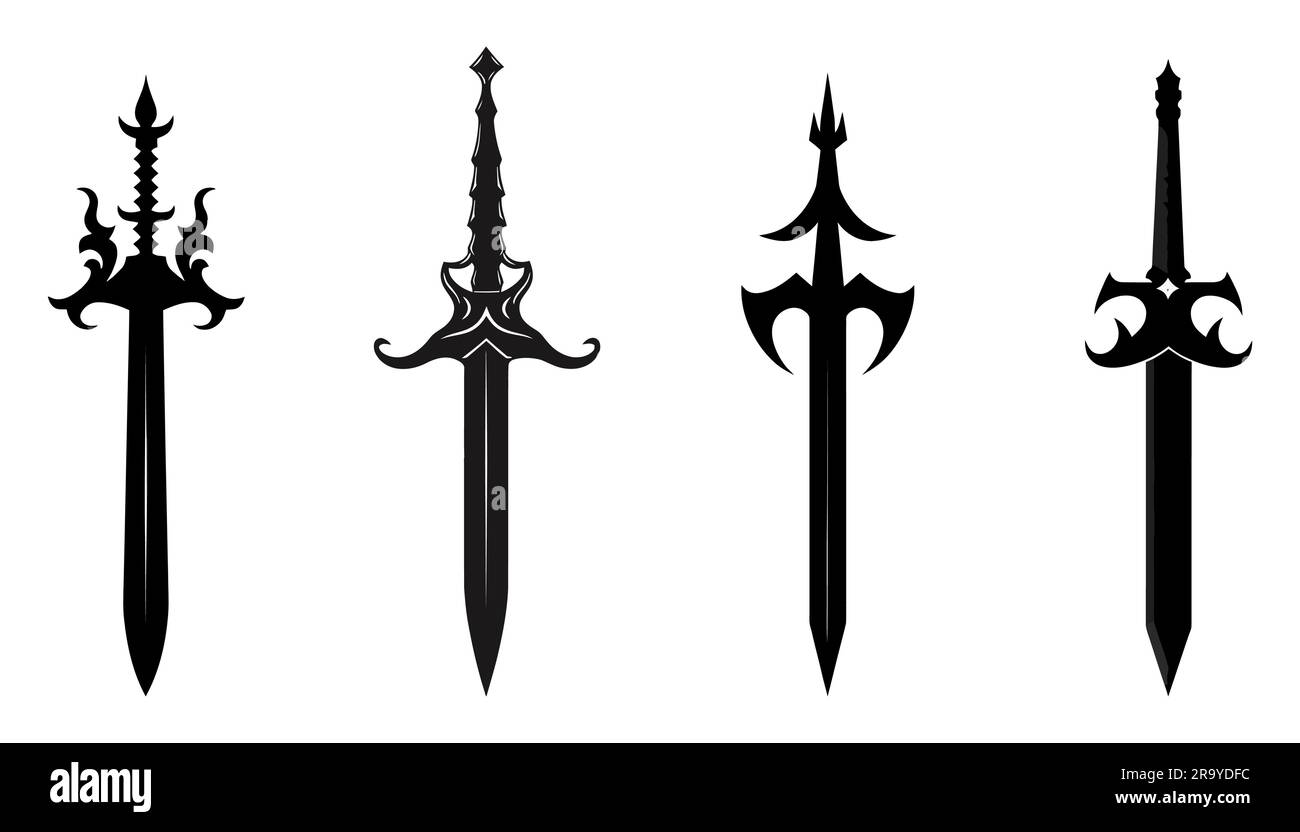 Set Of Knightly Swords Isolated On White Background. Sword Silhouettes 