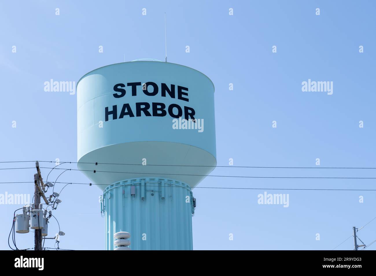 The water tower in Stone Harbor, New Jersey, constructed in 1978, is a single-column hydropillar design water tank that stands 133 feet high and has a Stock Photo