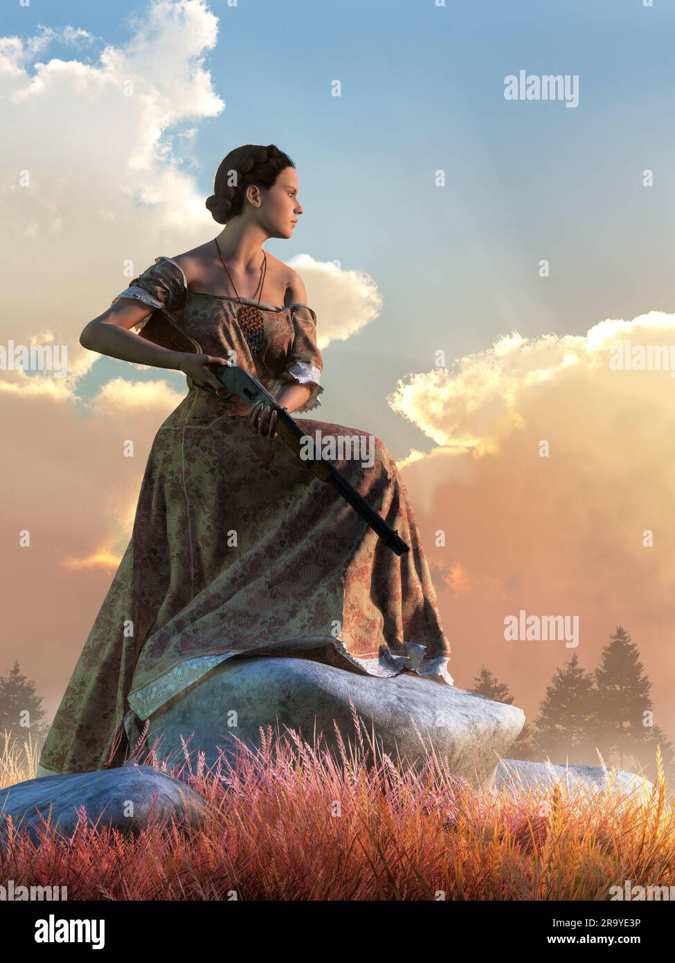 In the American wild west, a dark haired woman in a brown dress holds a  rifle. With a look of confidence and determination, she stands with one  foot o Stock Photo -