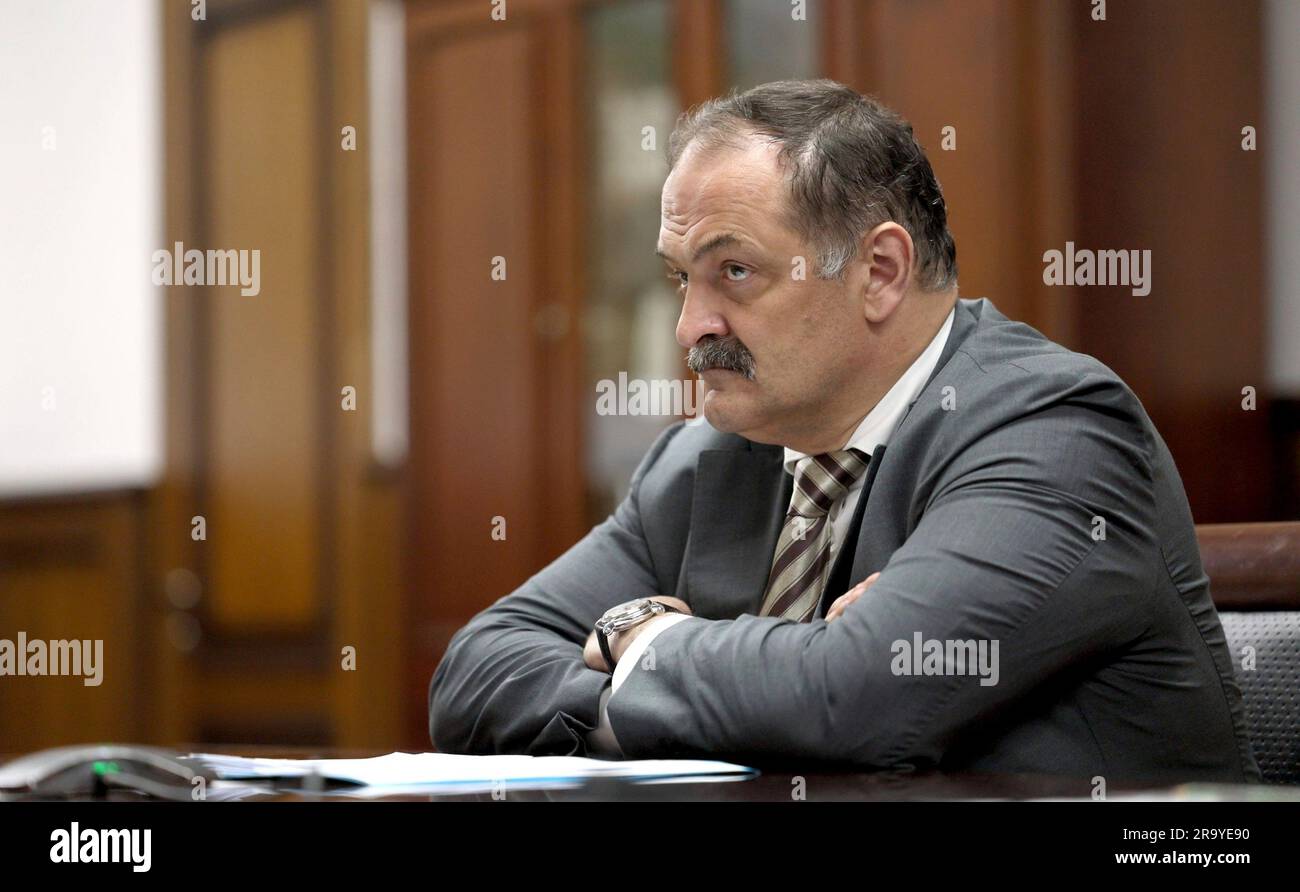 Derbent, Russia. 28th June, 2023. Dagestan head Sergei Melikov listens to Russian President Vladimir Putin during a meeting on tourism development, June 28, 2023 in Derbent, Republic of Dagestan. Credit: Gavriil Grigorov/Kremlin Pool/Alamy Live News Stock Photo