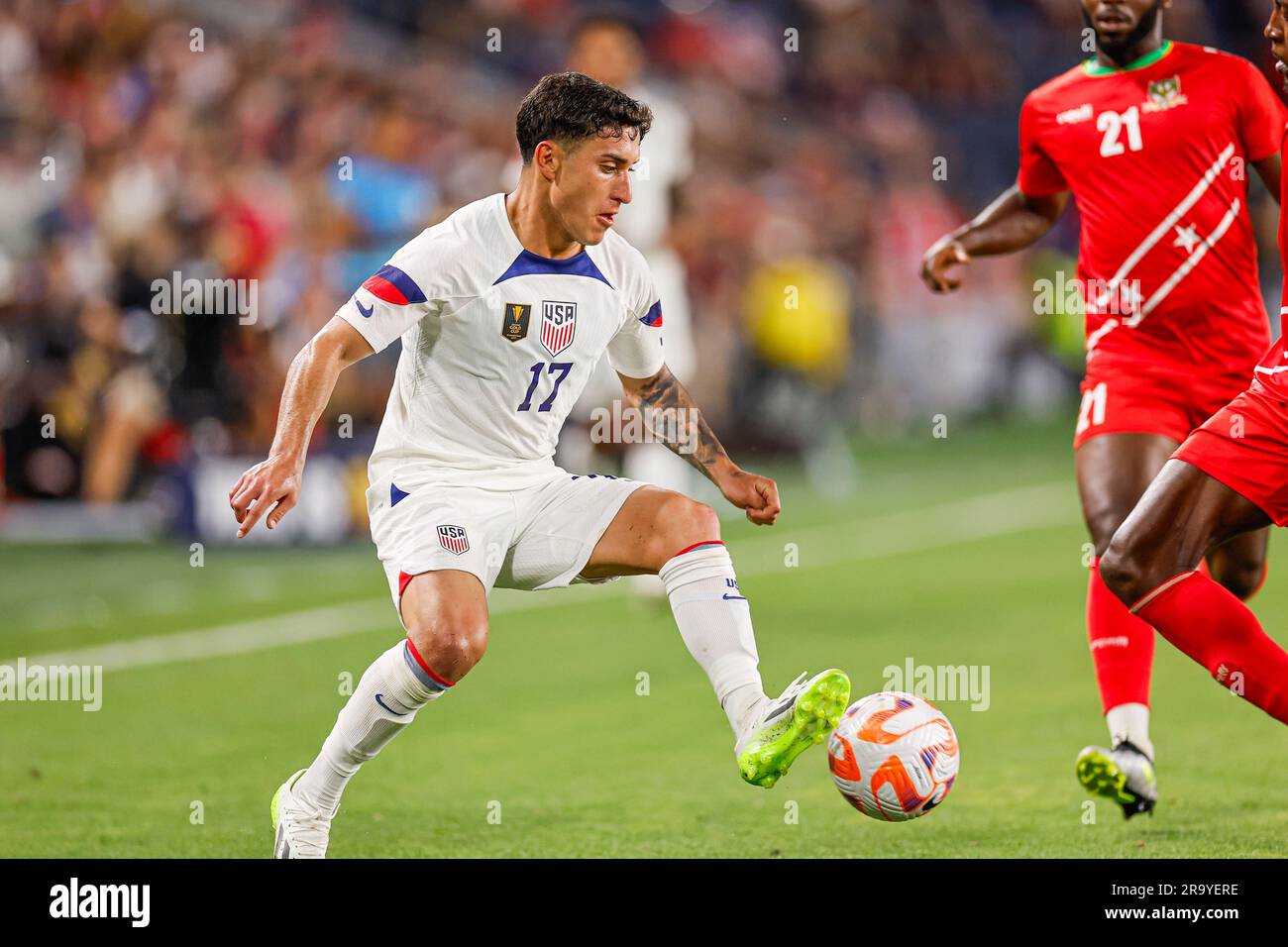 St. Louis, MO. USA; United States forward Alejandro Zendejas (17) receives a pass during a CONCACAF Gold Cup match against the Saint Kitts and Nevis o Stock Photo
