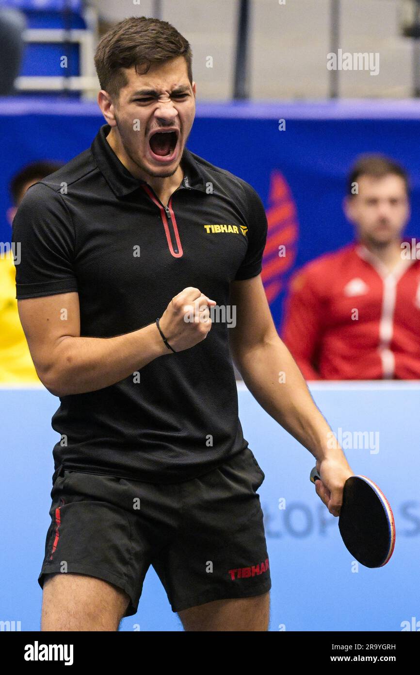 Krakow, Poland. 29th June, 2023. Table Tennis player Martin Allegro reacts  during a match in the Men's Team Quarterfinal between Belgium and Germany,  in the Table Tennis competition at the European Games
