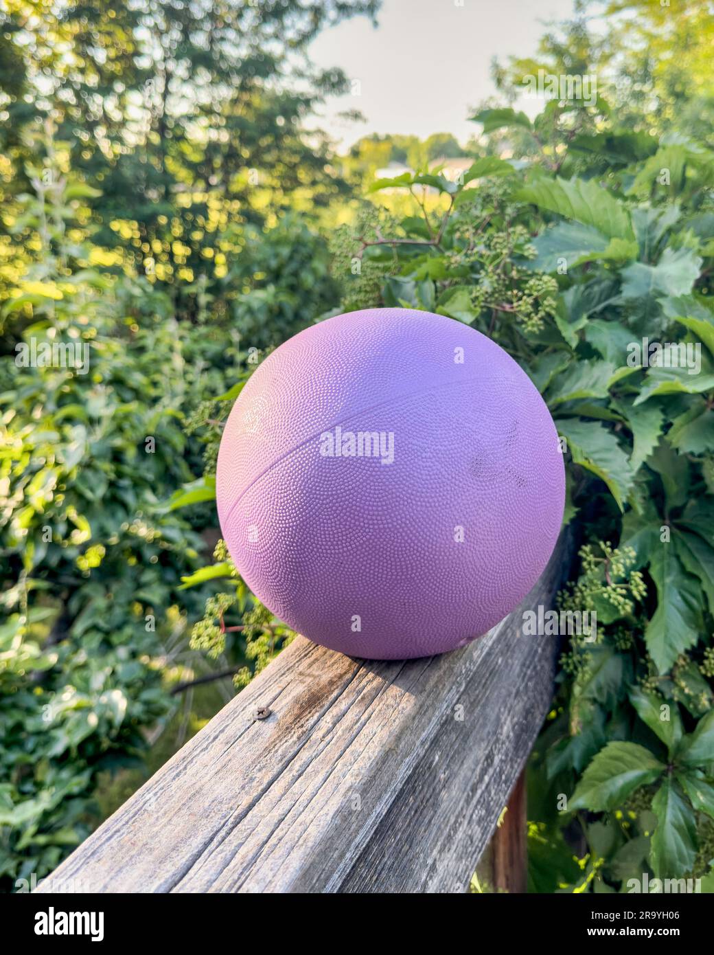 medicine or slam ball filled with sand on a backyard deck, exercise and
