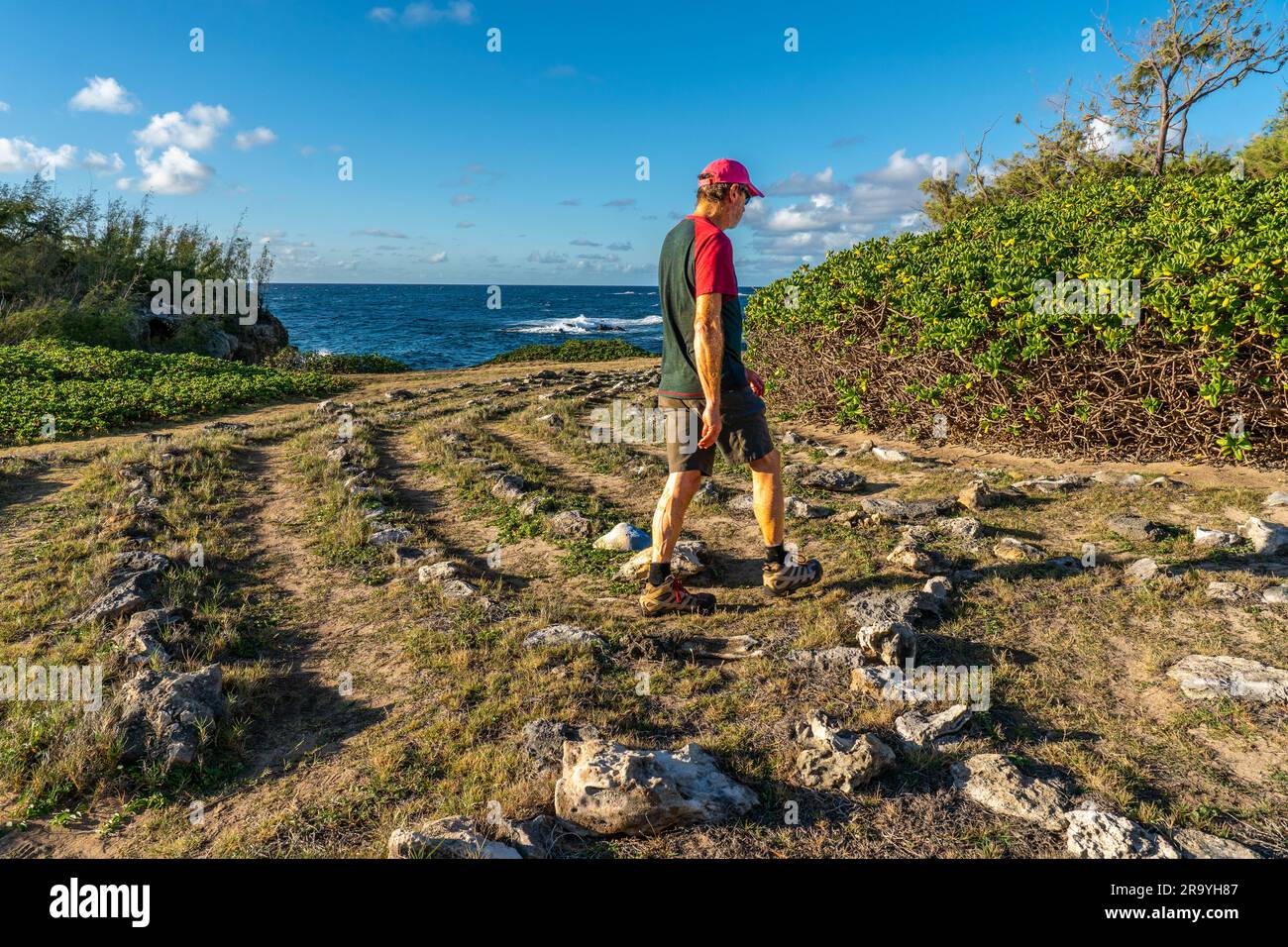 Mature Caucasian man walking the path of a labyrinth laid out around a large naupaka bush marked with lithified rocks by the ocean, Mahaulepu Stock Photo
