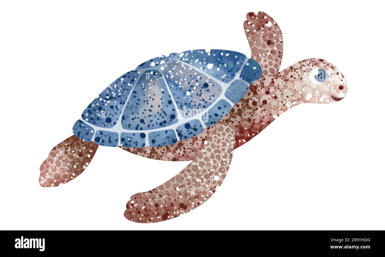 Watercolor illustration of cartoon sea turtle. Marine inhabitants of the underwater world. illustration isolated on white background. education, postc Stock Photo