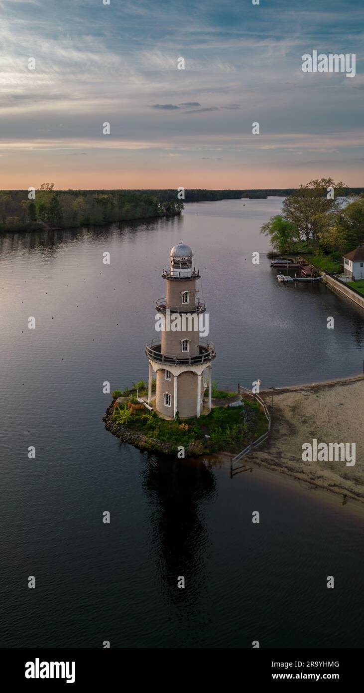 A vertical aerial view of the Lake Lenape lighthouse in South New