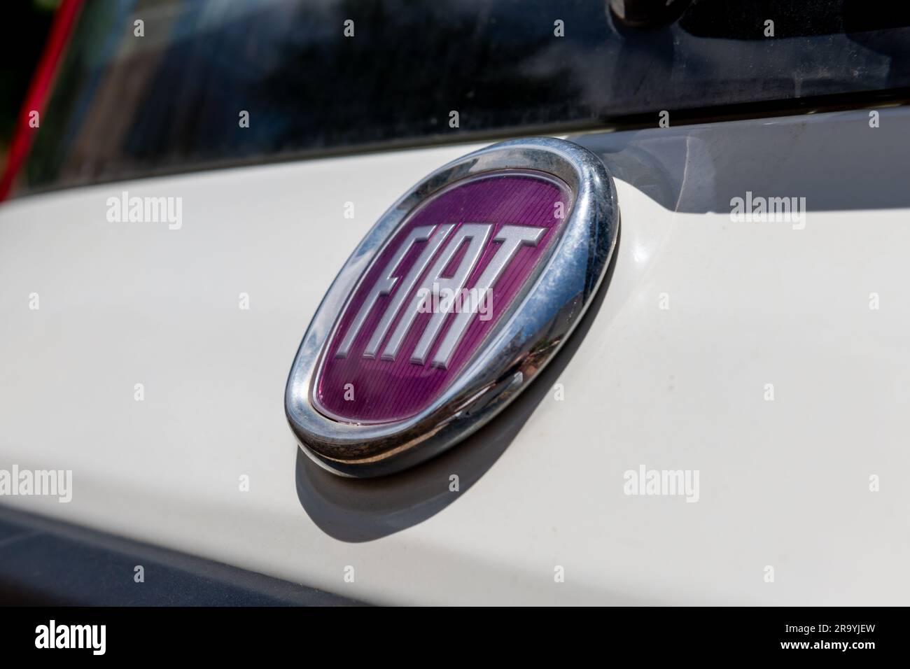 Lefkada island. Greece- 06.17.2023. The name badge on the car of the Italian auto maker Fiat. Stock Photo