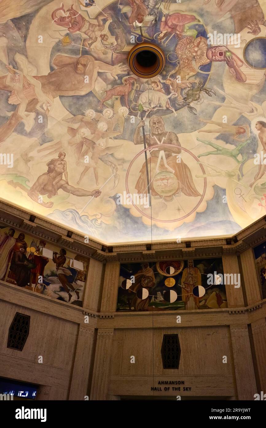 Keck Central Rotunda containing the Foucault Pendulum and ceiling mural by Hugo Ballin Griffith Observatory Los Angeles California USA Stock Photo