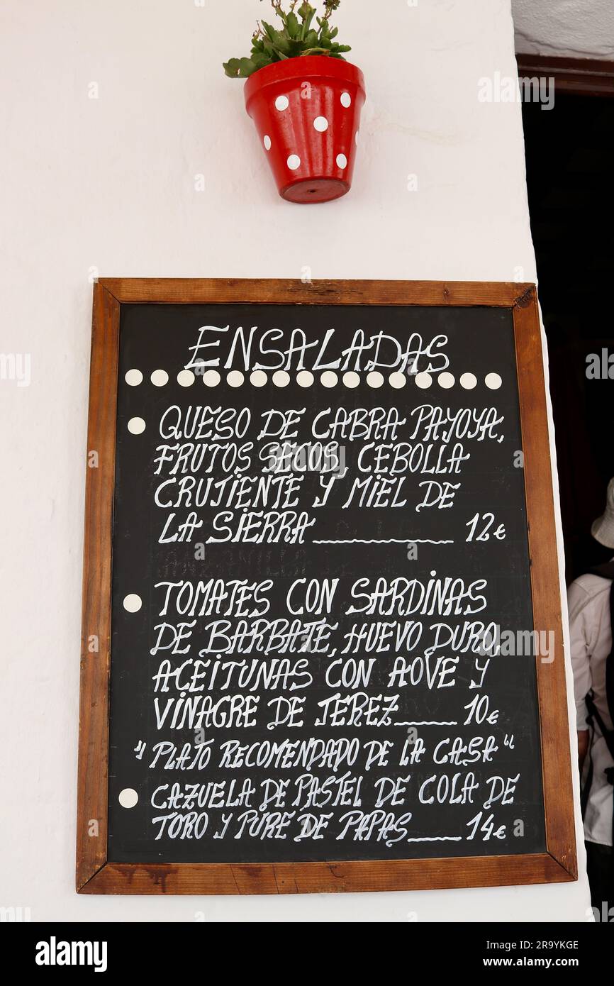 Traditional Spanish salads menu at Taberna Jovenes Flamencos, Arcos de la Frontera, Andalusia, Spain Stock Photo