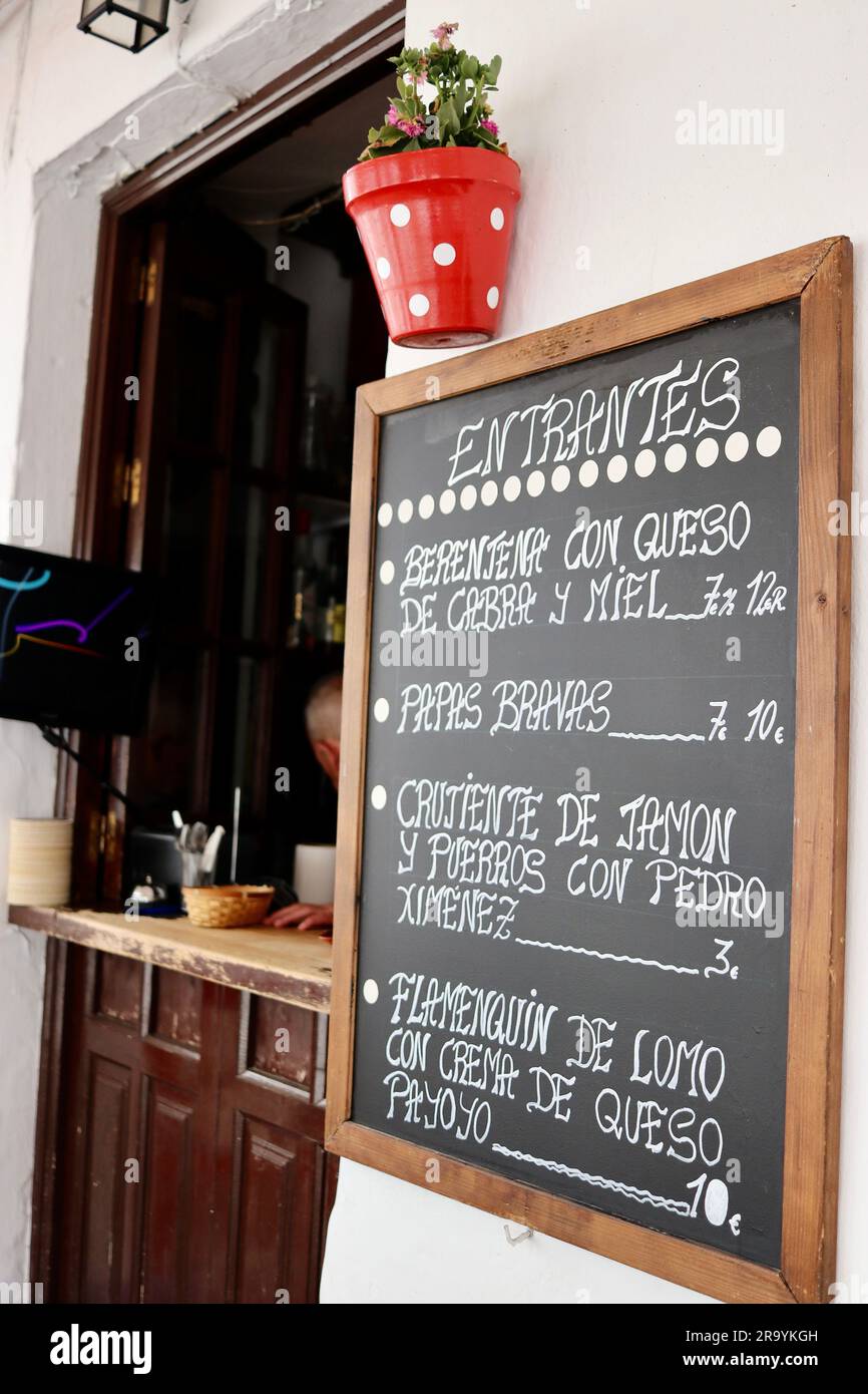 Traditional Spanish menu at Taberna Jovenes Flamencos, Arcos de la Frontera, Andalusia, Spain Stock Photo