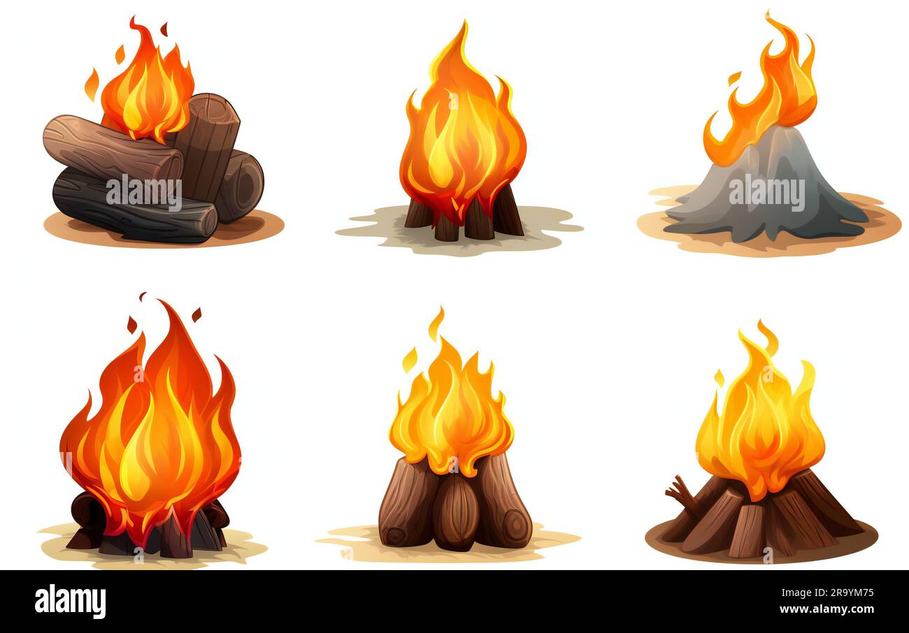 A digital illustration of a set of campfire icons on a white background ...