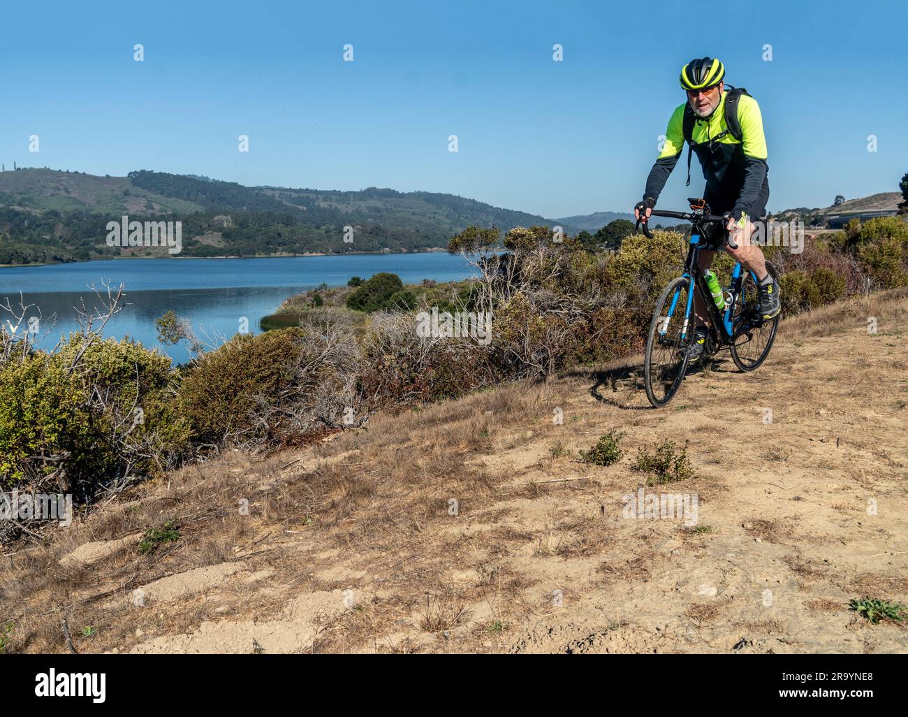 Cycling along Crystal Spring Reservoir, San Francisco Bay Area