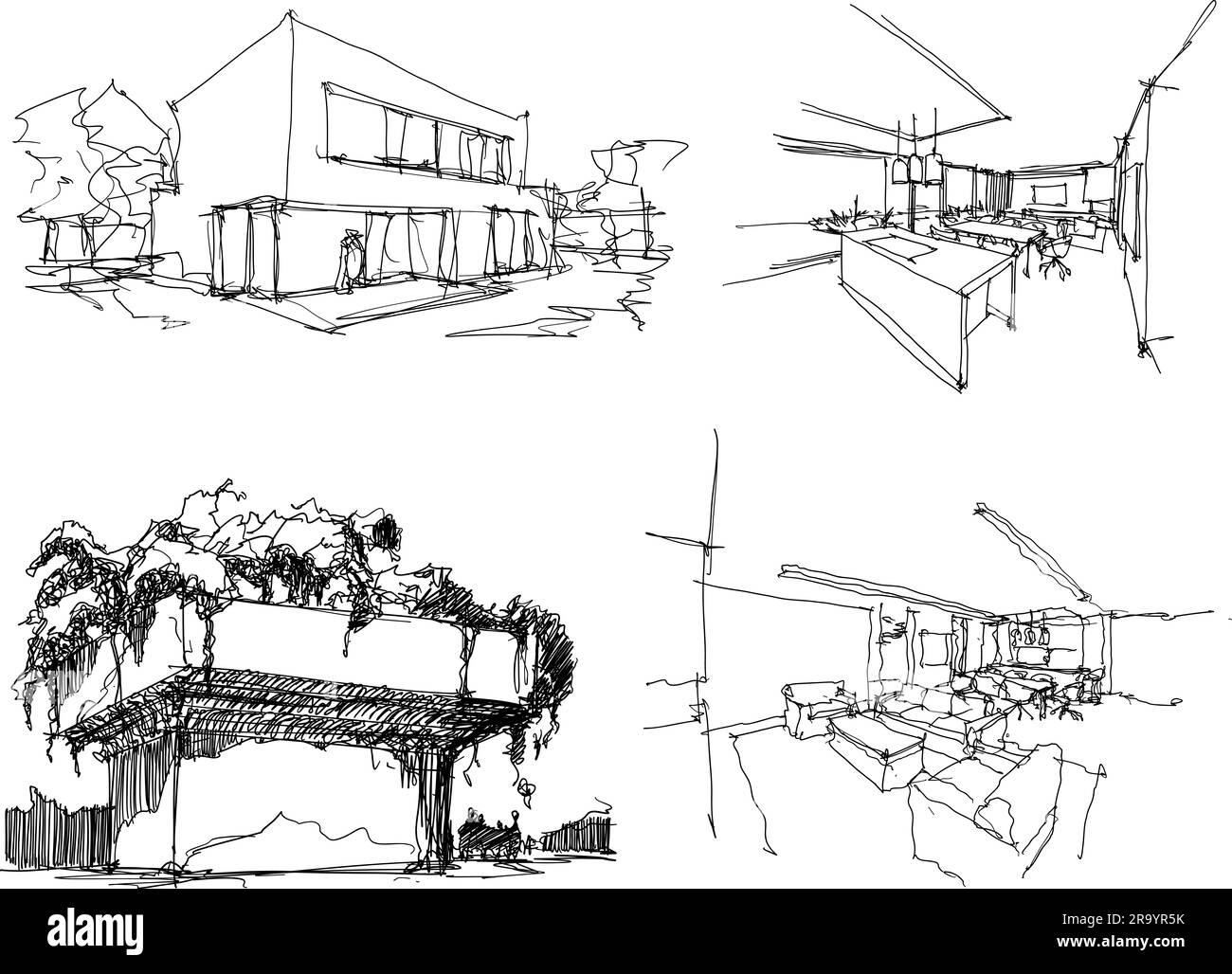 four hand drawn architectectural sketches of a modern architecture and interiors Stock Photo