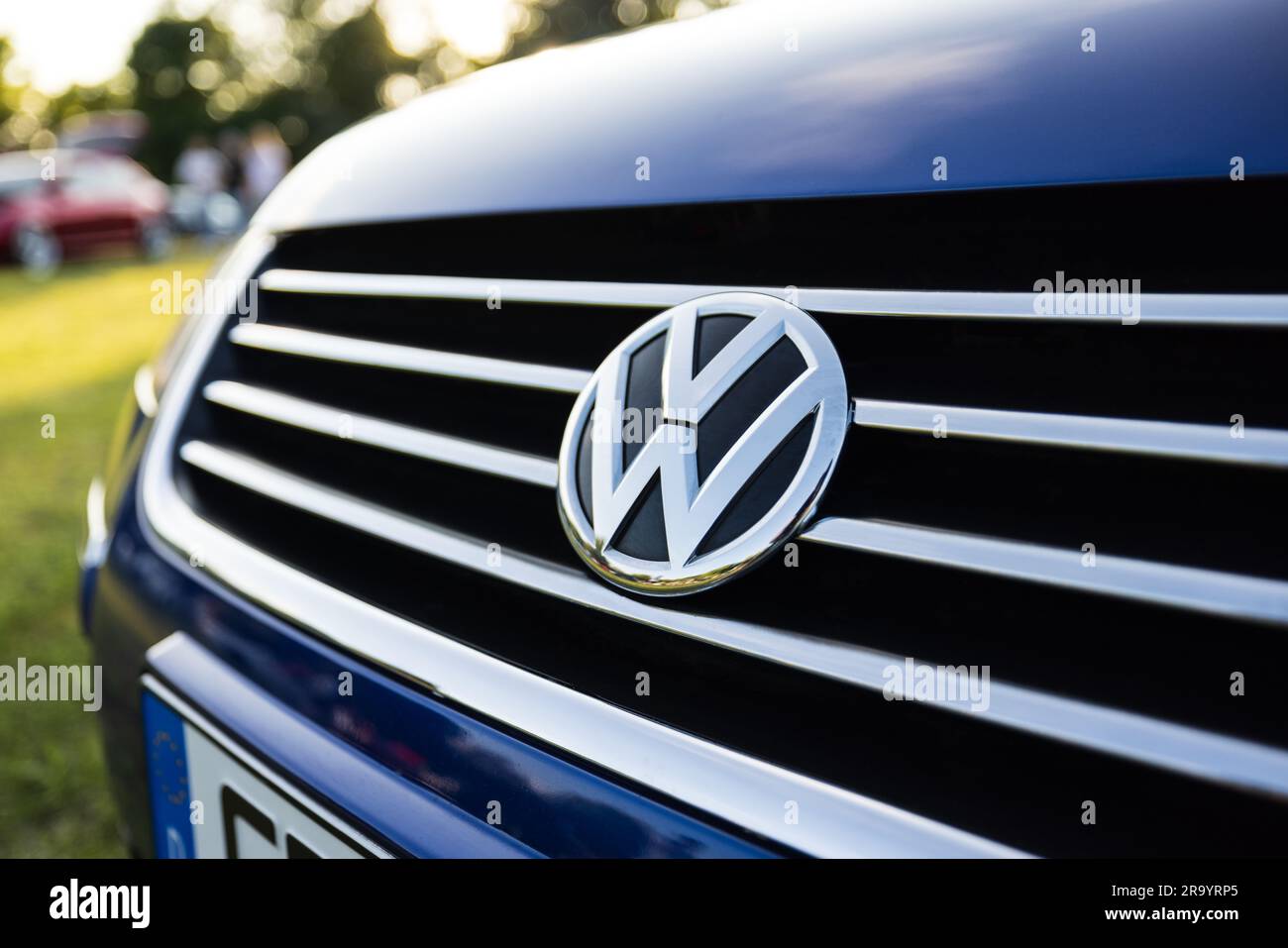 Berlin, Germany - June 24, 2023: Volkswagen logo on a Volkswagen car at a meadow. Stock Photo
