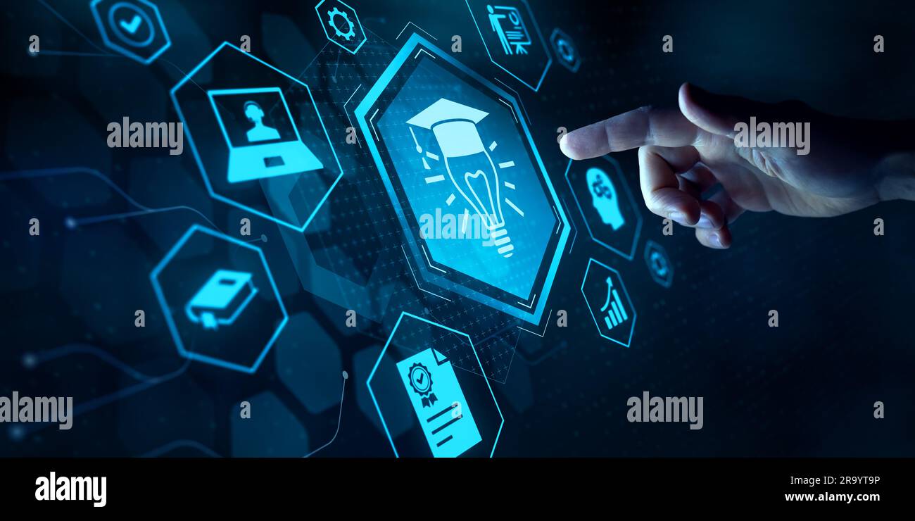 E-learning technology, webinar, online education and training to develop new skills and knowledge. AI-enhanced learning with personalized courses. Rem Stock Photo