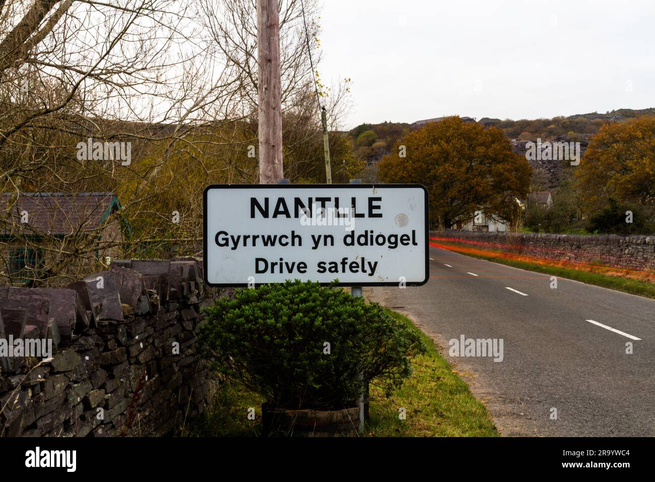 Road sign on entry to to Nantlle a slate quarry village, Gwynedd, North, Wales, UK, landscape Stock Photo