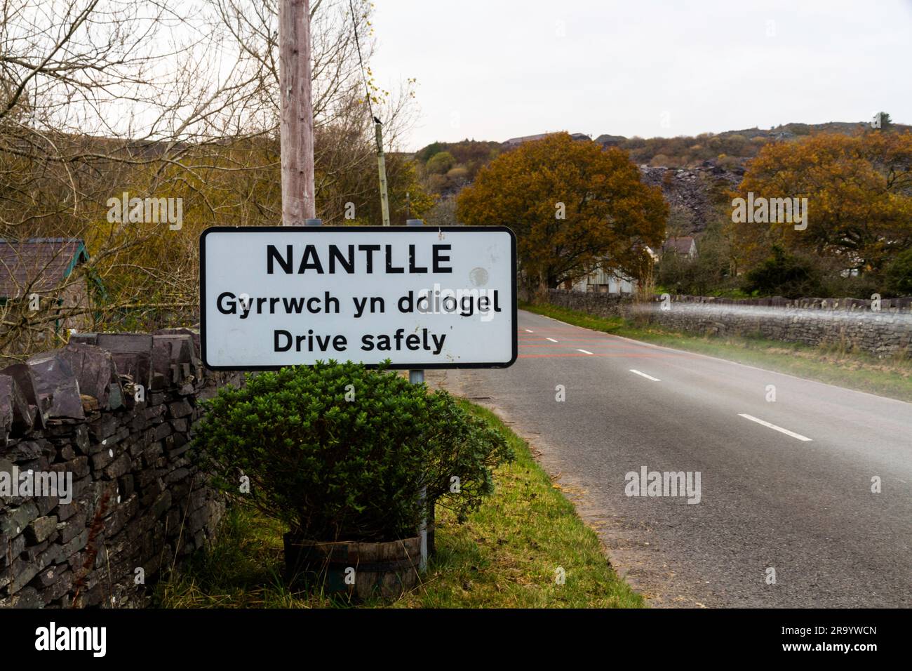Road sign on entry  to Nantlle a slate quarry village, Gwynedd, North, Wales, UK, landscape, copyspace on right Stock Photo