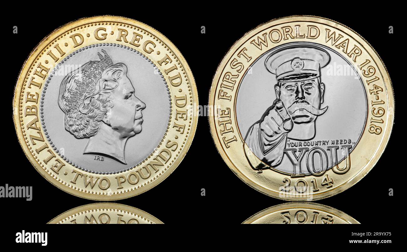 £2 coin to commemorate 100 years of the First World War. The coin features the 4th coin portrait of Queen Elizabeth II & Lord Kitchener on the reverse Stock Photo