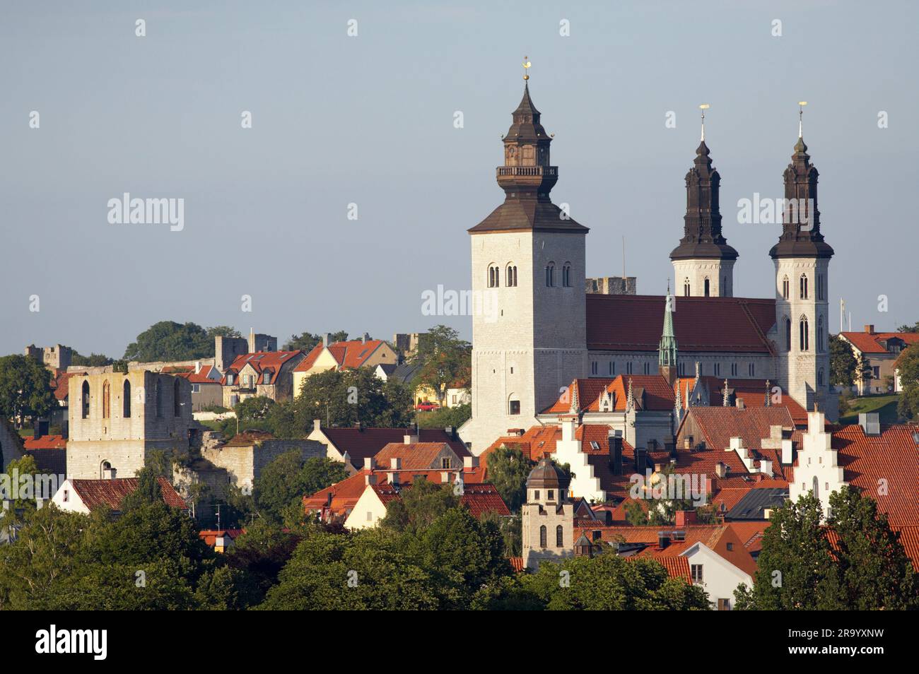 High section of trees and houses with cathedral against clear sky at Visby, Gotland island, Sweden Stock Photo
