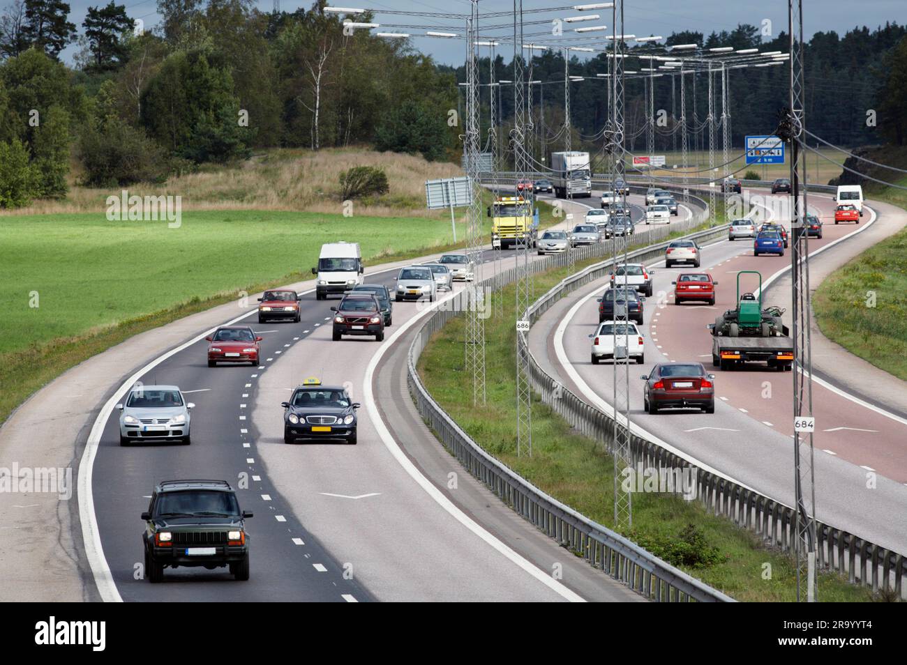 High angle view of cars on the double lane highway Stock Photo