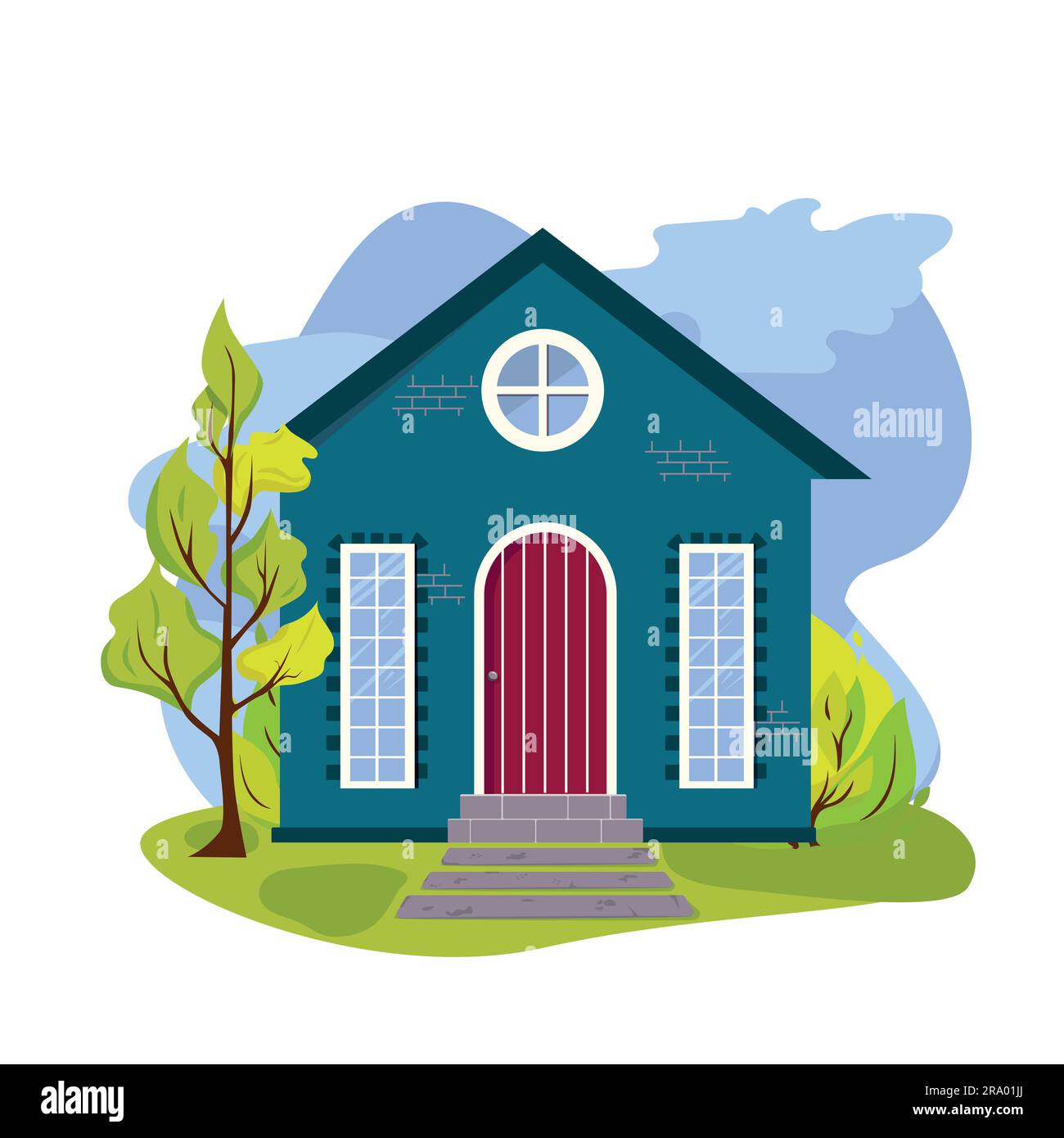 Country house illustration. Front view of tiny cute house in a flat ...
