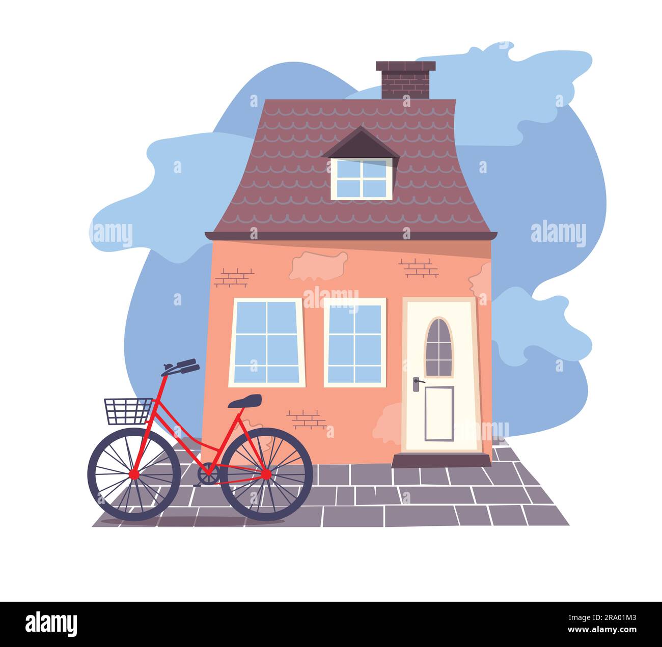 Country house illustration. Front view of tiny cute house in a flat ...