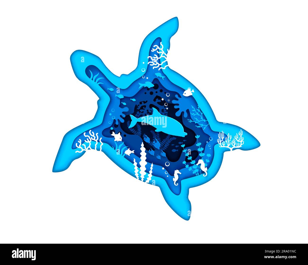 Blue turtle silhouette with sea paper cut landscape. Ocean wildlife ...