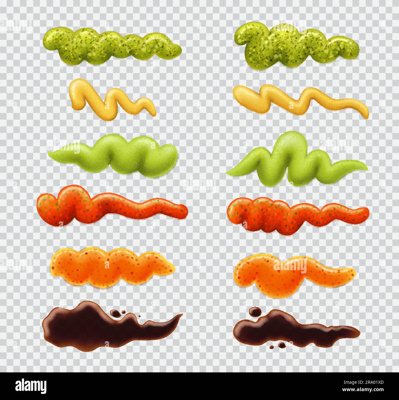 Realistic sauces drip, splash and stains. Ketchup, wasabi, soy or