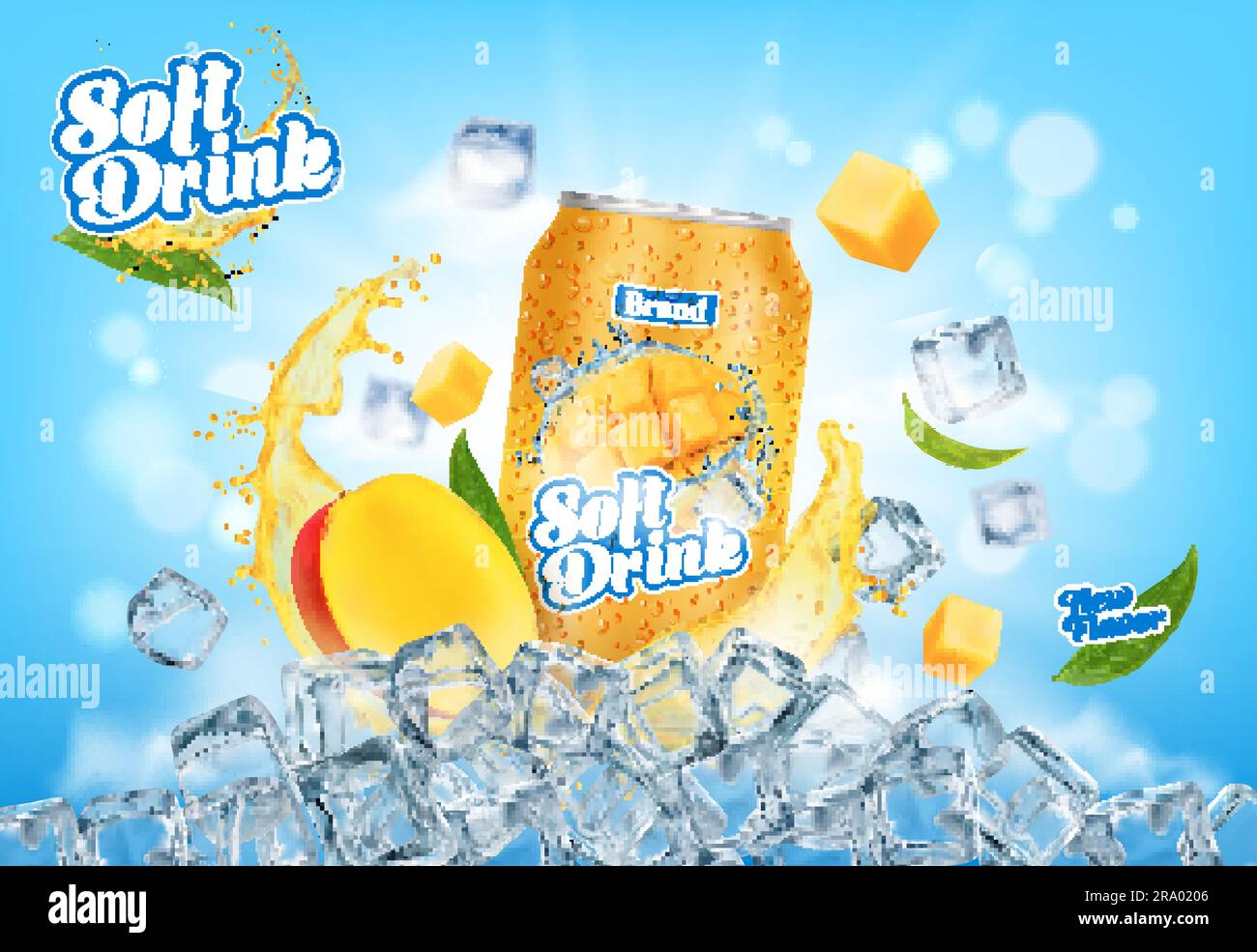 Mango fruit drink can, juice splash and ice cubes capturing the essence