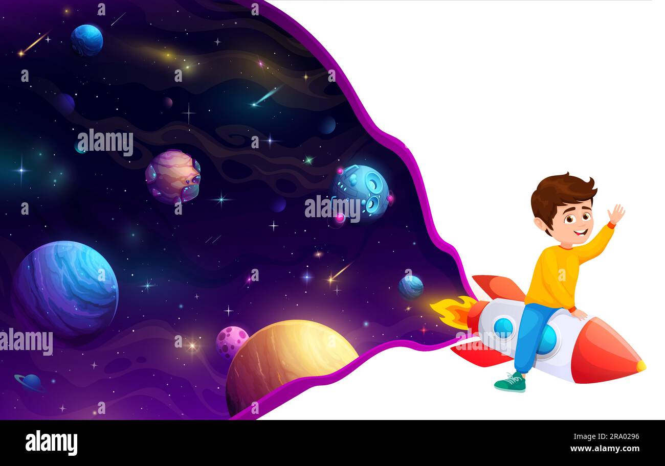 Cartoon kid boy on space rocket, happy child astronaut on galaxy ...