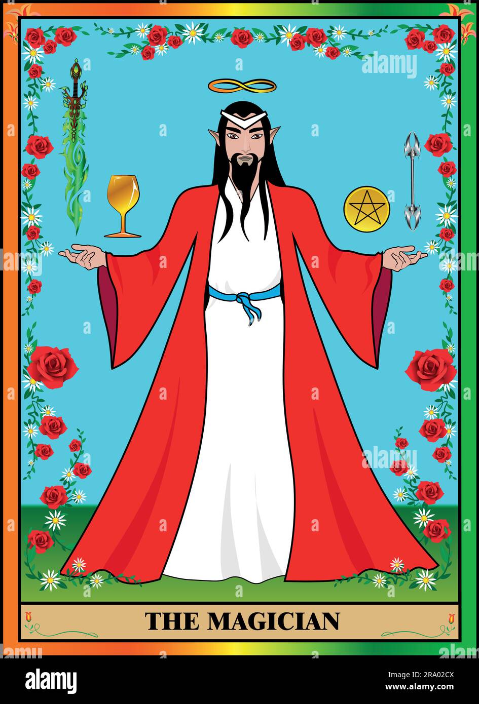 Tarot card Mage. A magician with the power to transform everything in his life. The magician has all the tools useful to him. Stock Vector