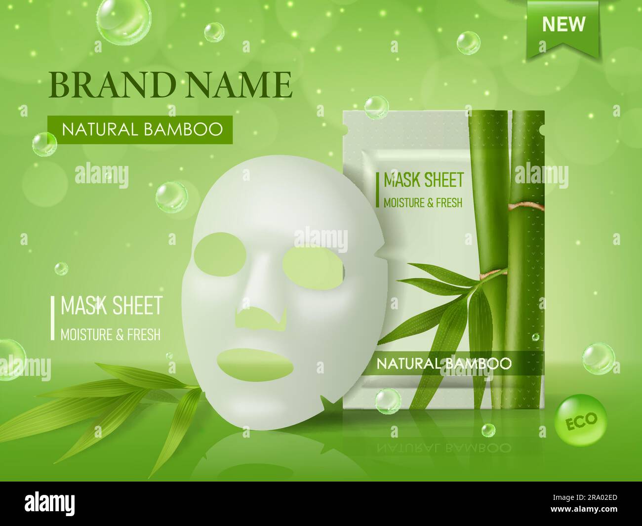 Facial cosmetic mask sheet package with bamboo. Beauty, skin care and