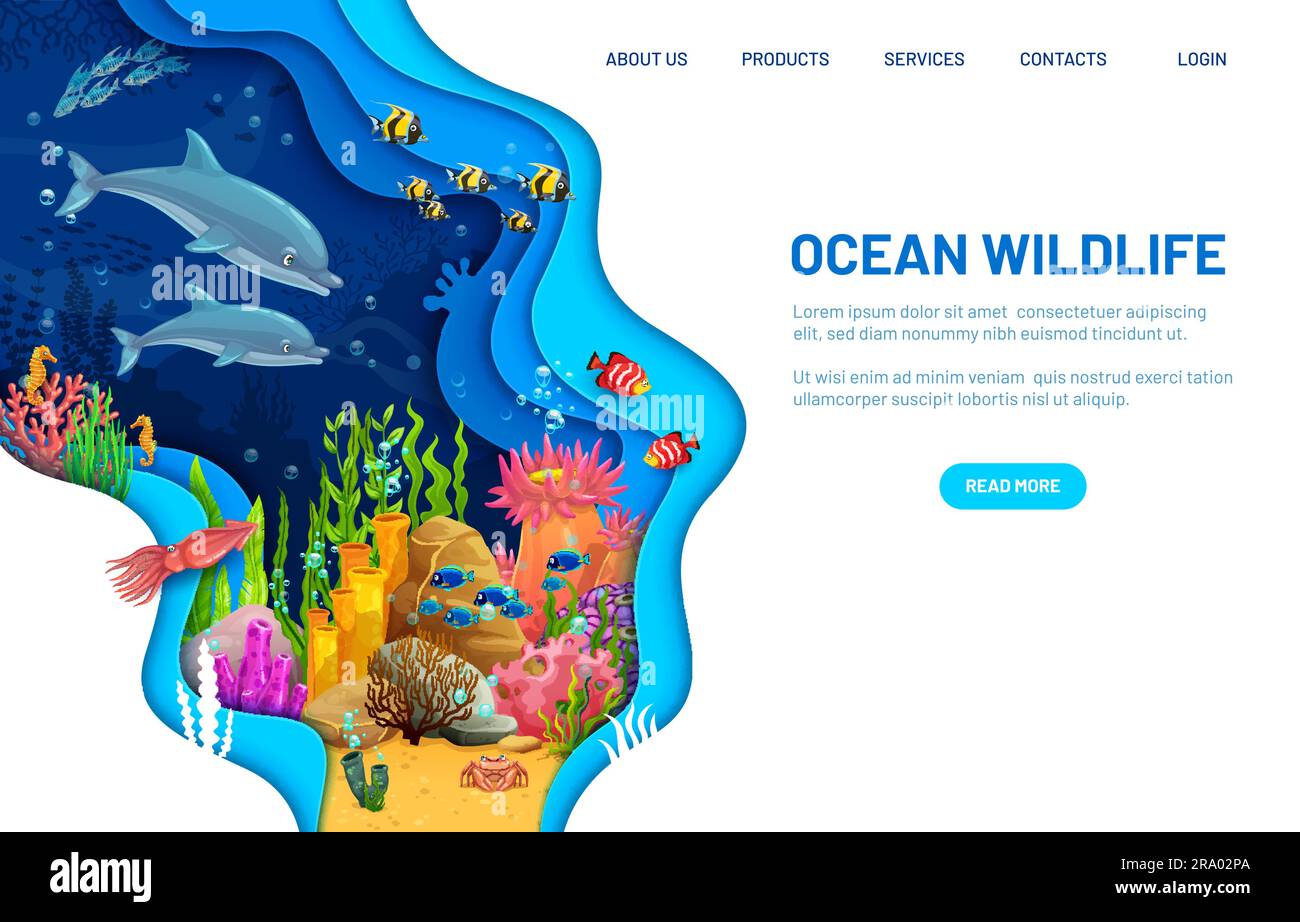 Landing page with paper cut underwater landscape. Vector web banner capturing the tranquility and beauty of the underwater world and ocean wildlife with coral reef, dolphins, fishes and seaweeds Stock Vector