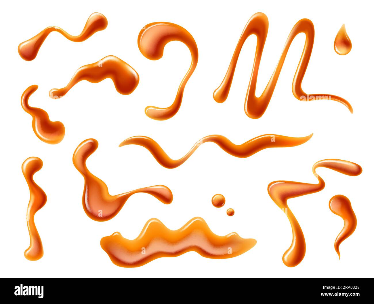 Caramel syrup swirl, splash drips and stains of toffee cream. Realistic