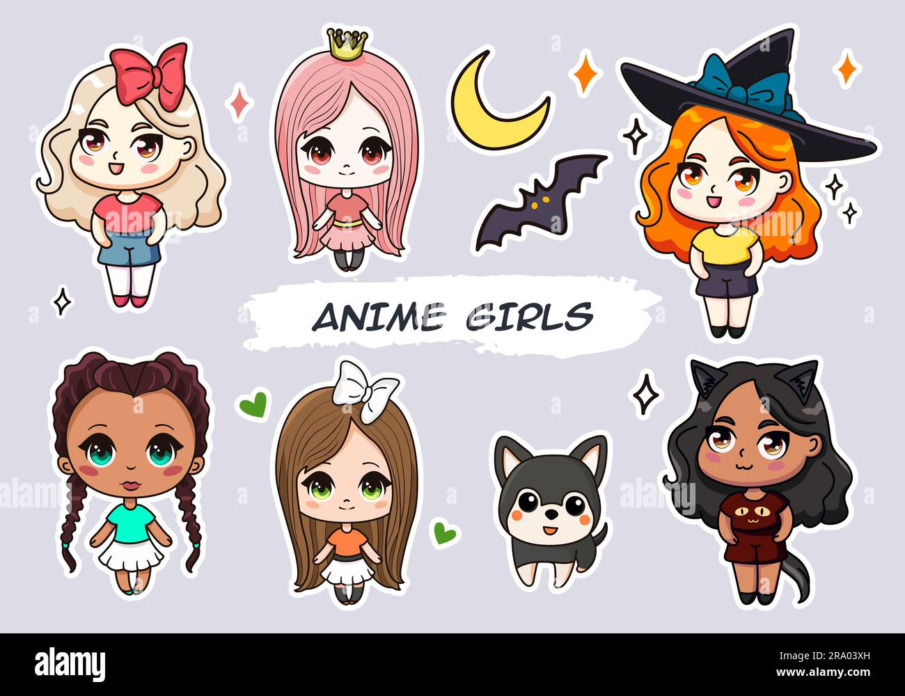 Set of isolated stickers with cute anime girls Stock Vector Image & Art ...
