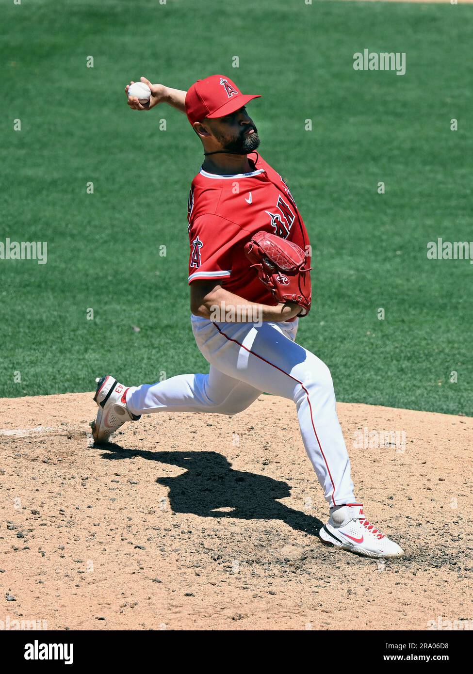 ANAHEIM, CA - JUNE 29: Los Angeles Angels pitcher Jose Soriano (59)  pitching during an MLB baseball game against the Chicago White Sox played  on June 29, 2023 at Angel Stadium in